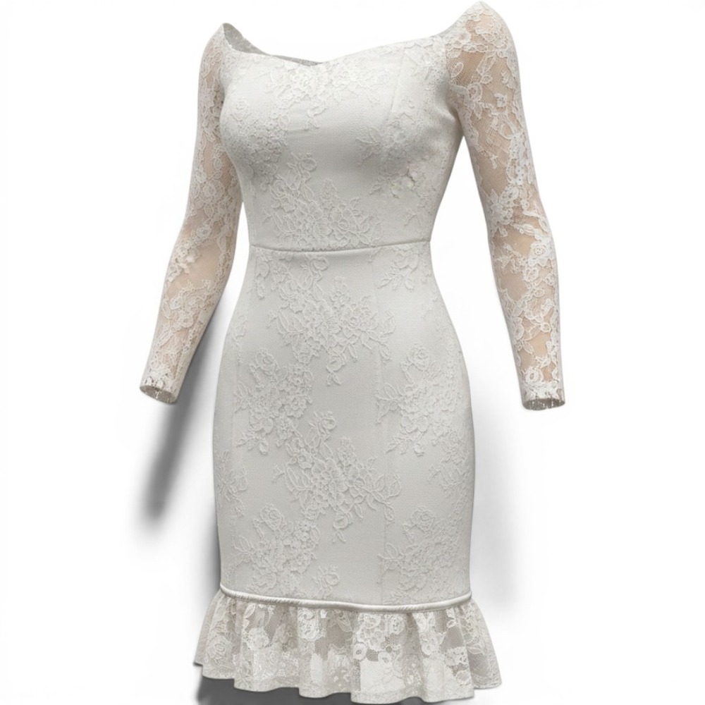 White Lace Coquette Off Shoulder Whimsy Long Sleeve Mini Dress Floral Fairy Sz M